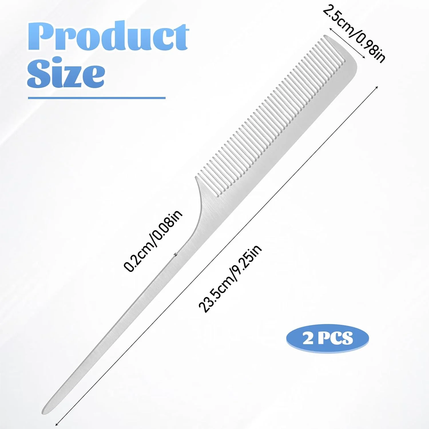 شانه دم موشی فلزی 2 عددی، شانه دم باریک استیل ضد زنگ، شانه حالت دهنده مو با نوک فلزی برای بافتن، کوتاه کردن و حالت دادن به مو (نقره ای)