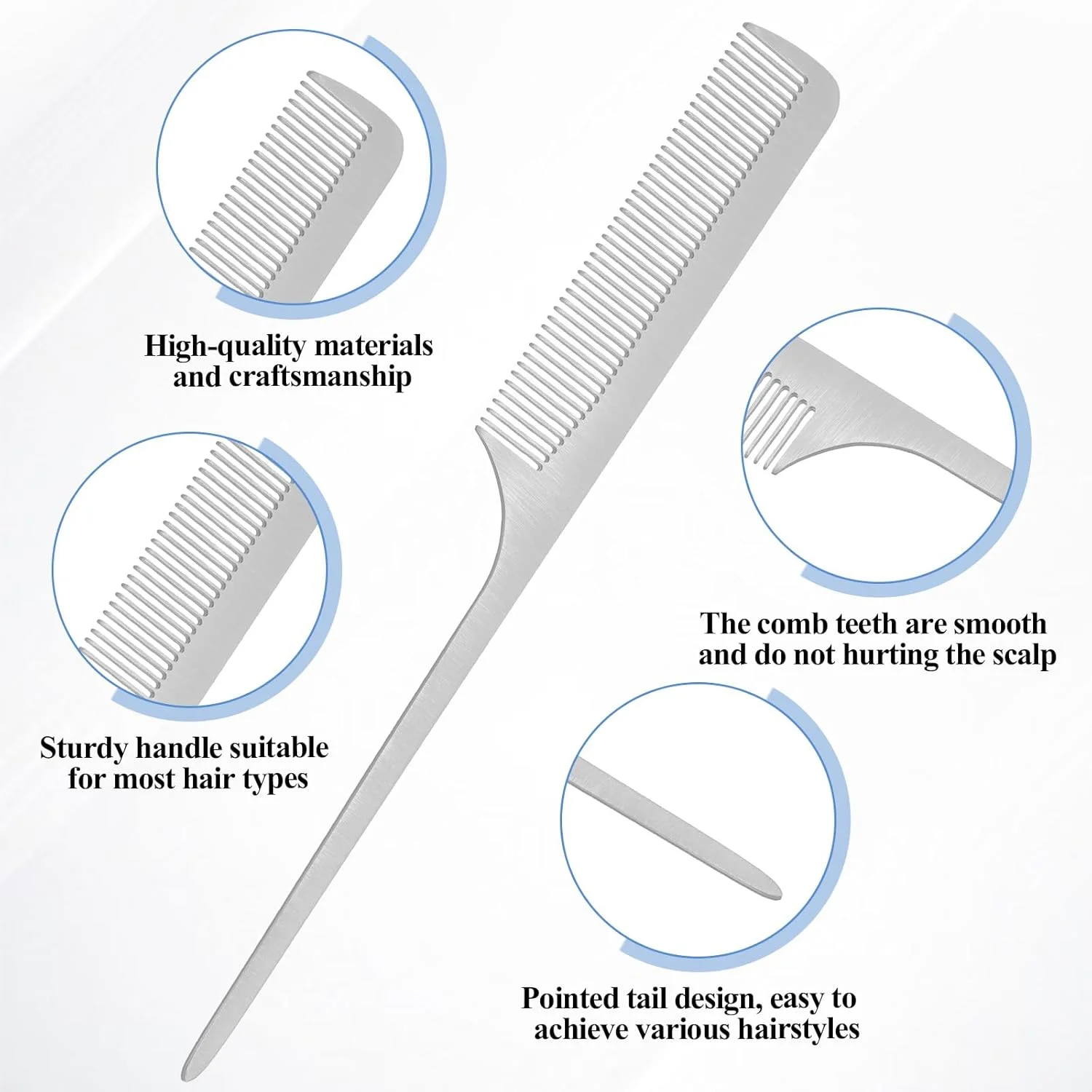 شانه دم موشی فلزی 2 عددی، شانه دم باریک استیل ضد زنگ، شانه حالت دهنده مو با نوک فلزی برای بافتن، کوتاه کردن و حالت دادن به مو (نقره ای)