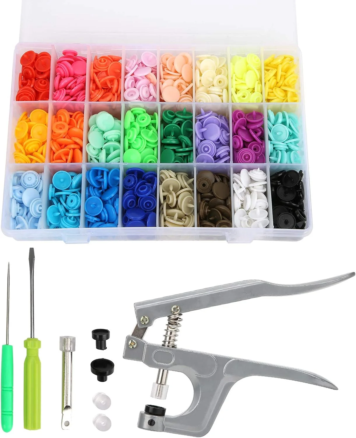 مجموعه 360 عددی دکمه فشاری پلاستیکی GDJbnyu با قطر 12.4 میلی متر، مناسب برای DIY، شامل 24 رنگ مختلف و ابزار انبر مجموعه 360 عددی دکمه فشاری پلاستیکی GDJbnyu با قطر 12.4 میلی متر، مناسب برای DIY، شامل 24 رنگ مختلف و ابزار انبر