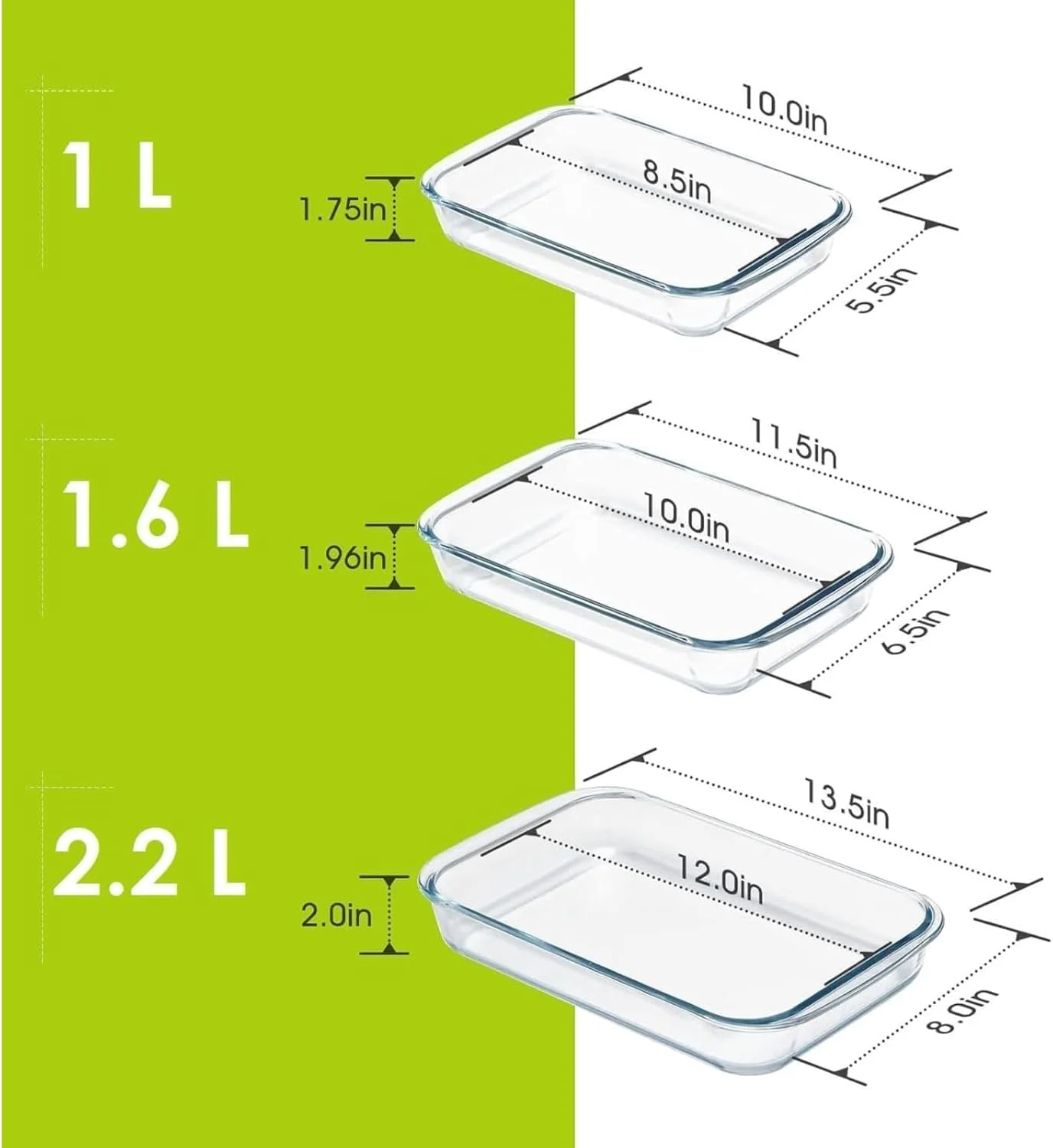 ست ظروف پیرکس 3 تکه شامل کوچک 1 لیتری، متوسط 1.6 لیتری و بزرگ 2.2 لیتری، مستطیلی، شیشه ای شفاف، مقاوم در برابر حرارت، قابل استفاده در مایکروویو و فر، دارای دستگیره های راحت، سینی پخت چند منظوره شیشه ای، تمیز کردن آسان