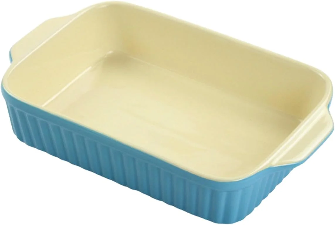 ظرف مستطیلی سرامیکی پخت با دو دسته - ظرف پاستا و برنج پخته ایتالیایی - آبی بیرون و سفید داخل