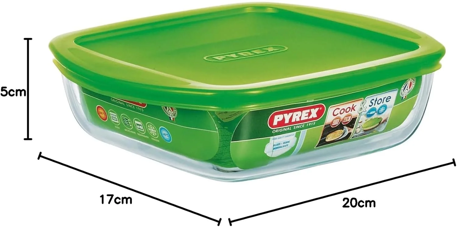 ظرف مربع پیرکس مدل Cook & Store به همراه درب سبز رنگ، 1 لیتر (20x17 سانتی متر) 4936457