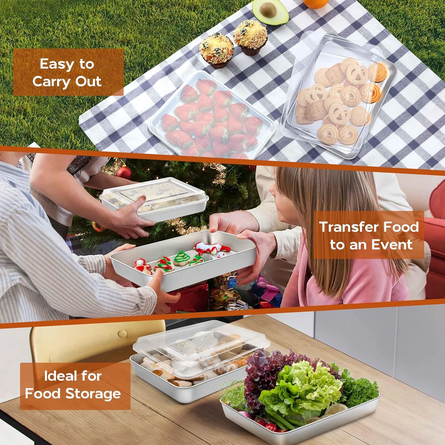 ست قالب کیک اونادر، مستطیلی کوچک 23.5x18x5 سانتی‌متر، با درب، جنس استیل ضد زنگ، مناسب برای لازانیا، براونی و غذاهای کاسه‌ای