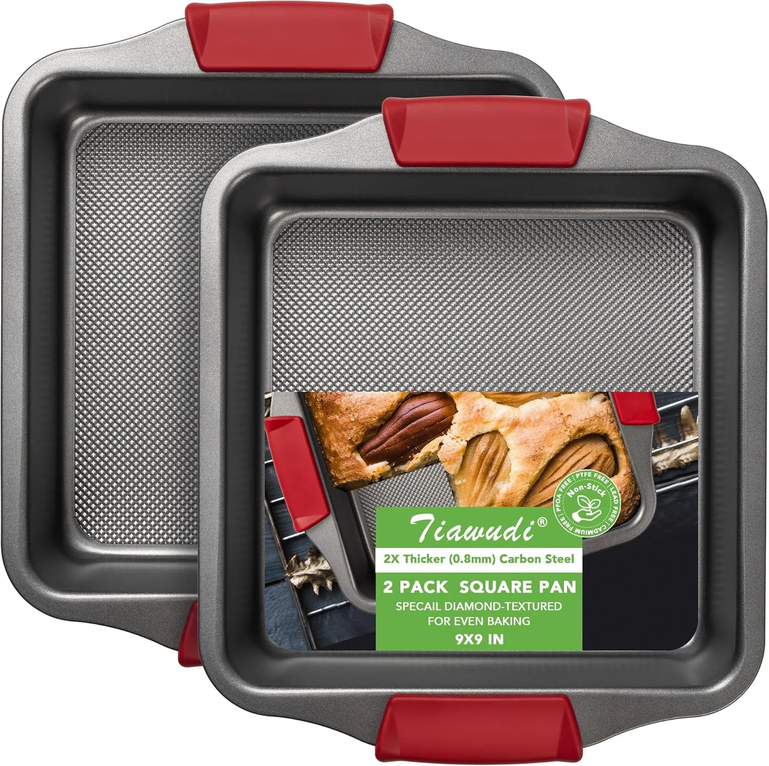 قالب کیک مربعی، قالب نچسب برای پخت نان یا براونی، سایز 9x9 اینچ با بافت الماسی و دستگیره های سیلیکونی، ست 2 عددی قالب کیک مربعی، قالب نچسب برای پخت نان یا براونی، سایز 9x9 اینچ با بافت الماسی و دستگیره های سیلیکونی، ست 2 عددی