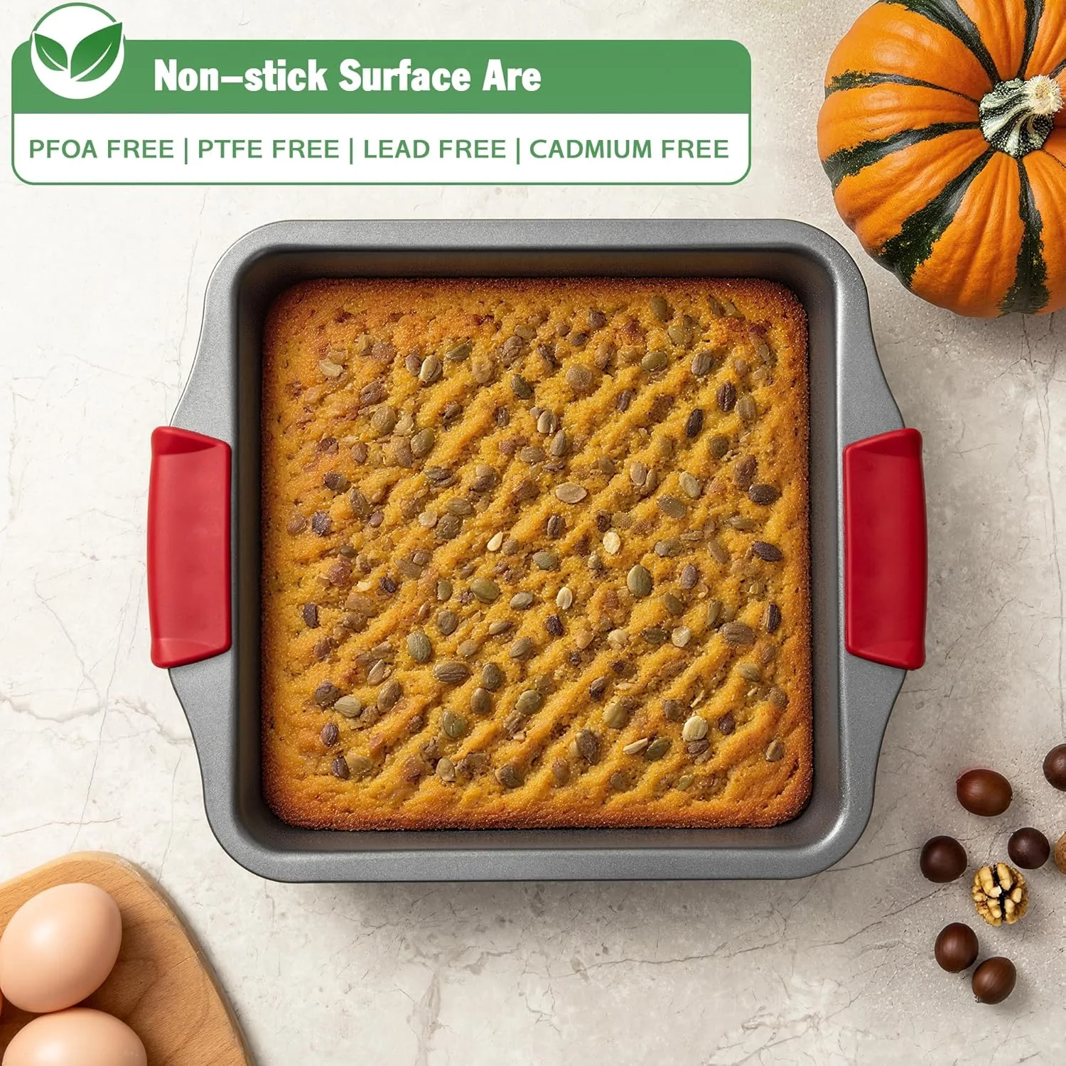 قالب کیک مربعی، قالب نچسب برای پخت نان یا براونی، سایز 9x9 اینچ با بافت الماسی و دستگیره های سیلیکونی، ست 2 عددی