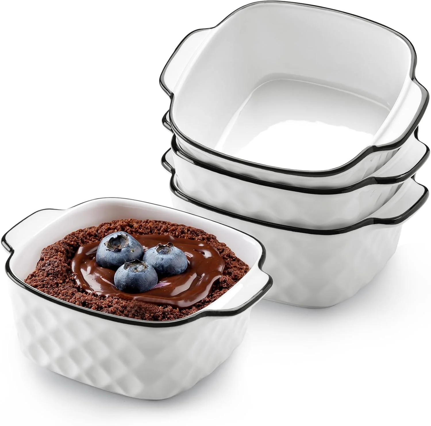 ست 4 تایی ظروف سرامیکی پخت نوتری یو پی اس، ابعاد 14.4x11.4x5.6 سانتی متر، ظرف پخت مربع شکل - طرح الماس، ظرف کوچک 400 میلی لیتری مناسب سرخ کن هوا، ظروف پخت سرامیکی با دستگیره