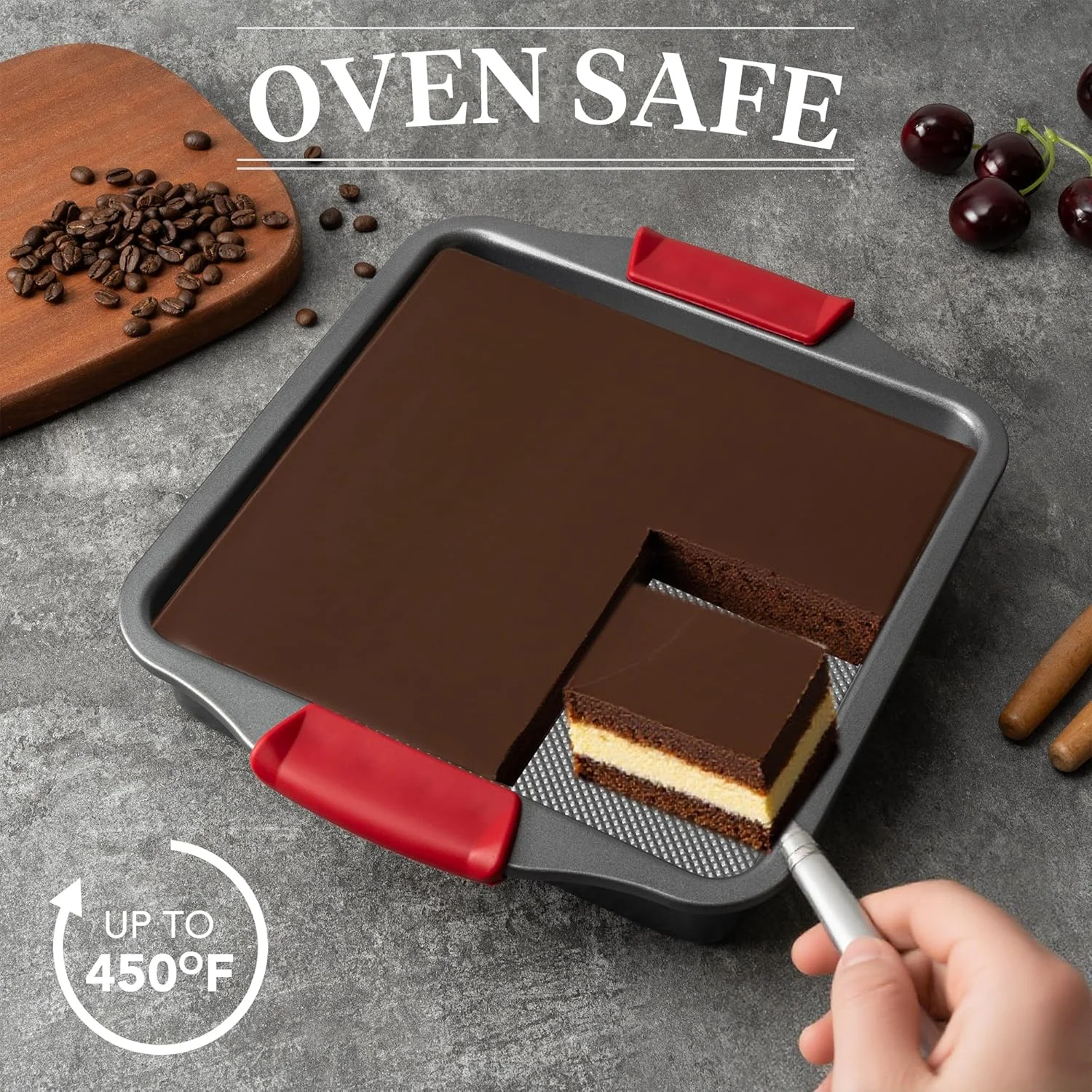 قالب کیک مربعی، قالب نچسب برای پخت نان یا براونی، سایز 9x9 اینچ با بافت الماسی و دستگیره های سیلیکونی، ست 2 عددی