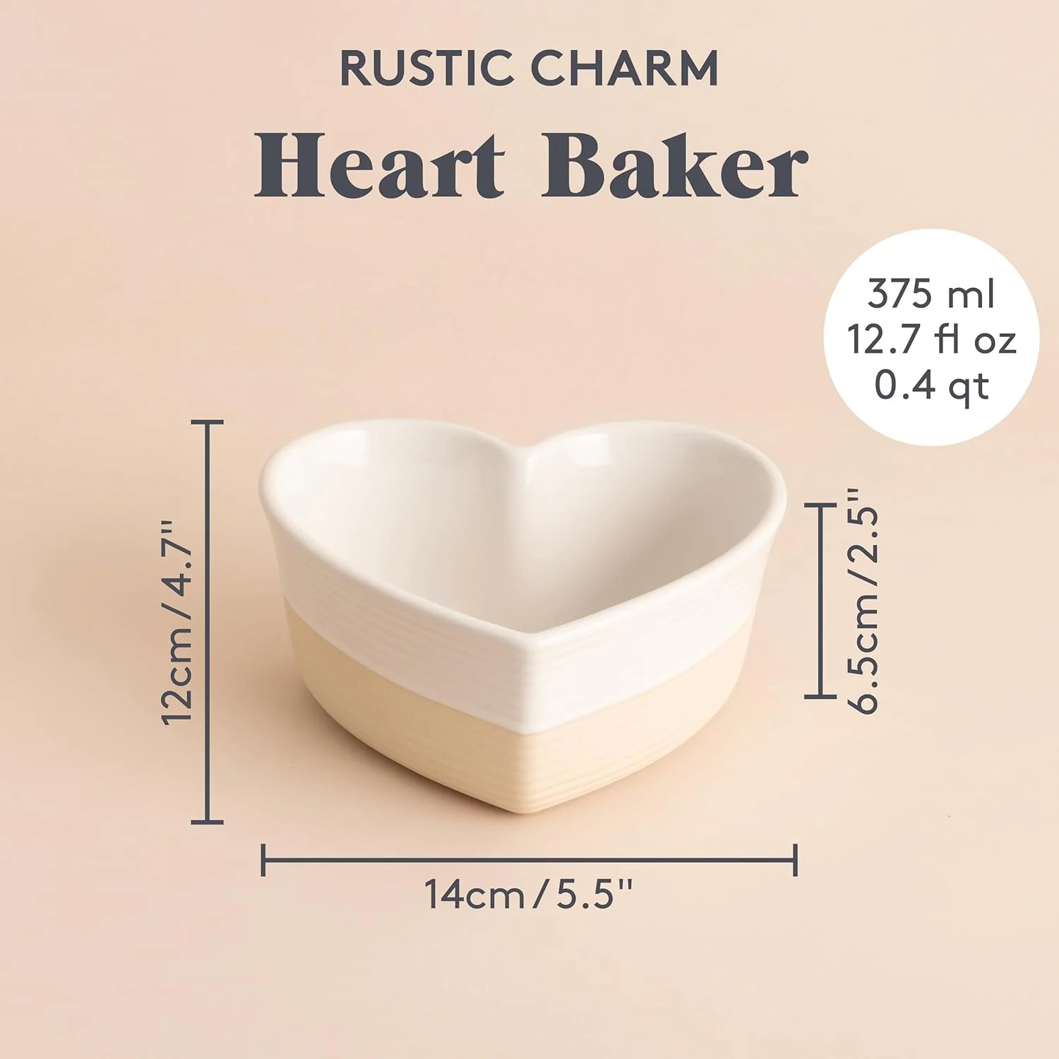 ظرف پخت قلبی شکل میسن کش از جنس سنگ چینی با طرح برجسته قلب، 375 میلی لیتر، بادوام و شیک برای پخت، پز و سرو