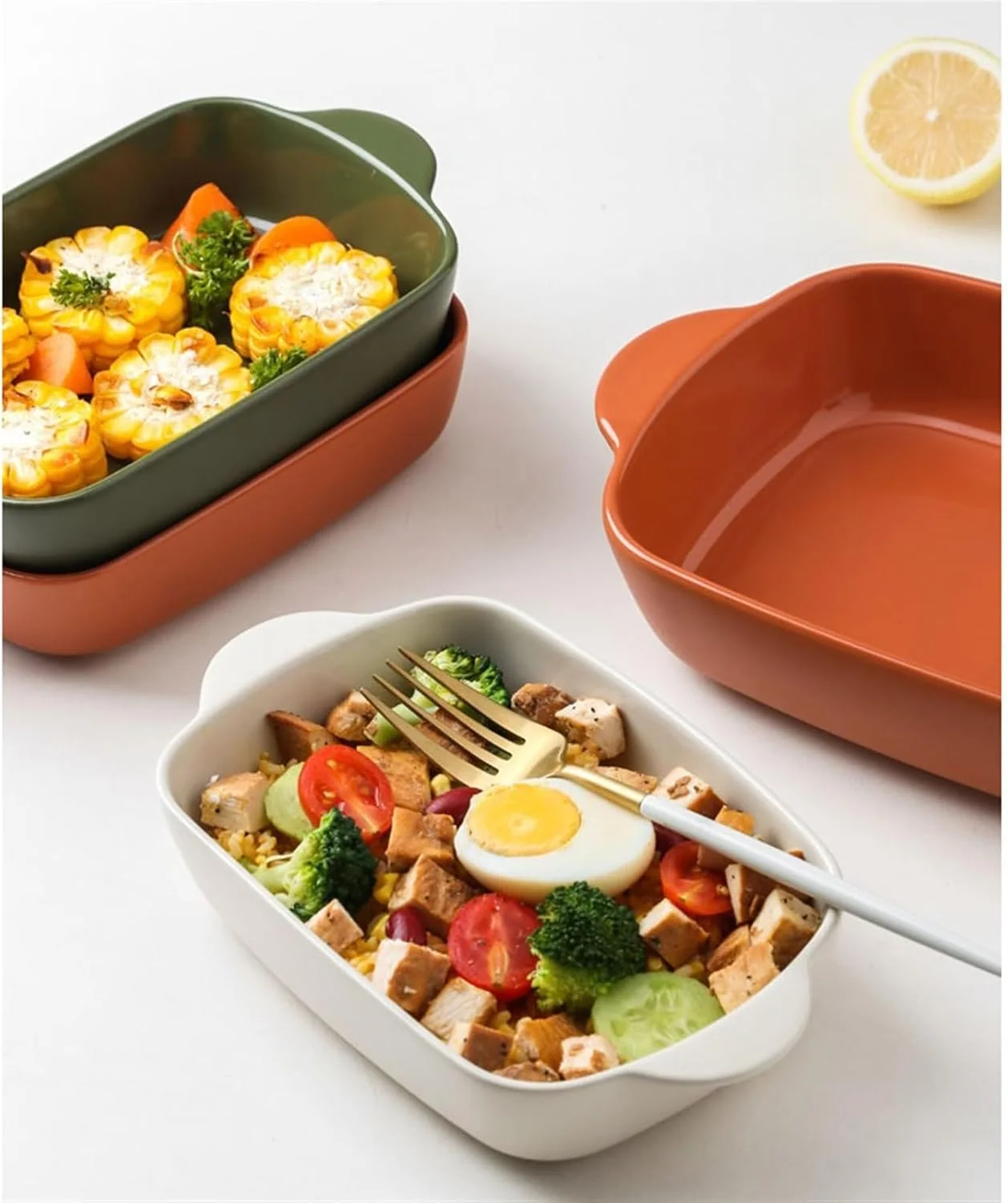 ظرف سرامیکی پخت و پز، تابه پخت برنج سرخ شده با پنیر، ظروف ویژه آشپزخانه، کاسه سرامیکی مستطیلی، بشقاب مایکروویو با دو دسته، ظرف پخت و پز چینی (قرمز، 11 اینچ)