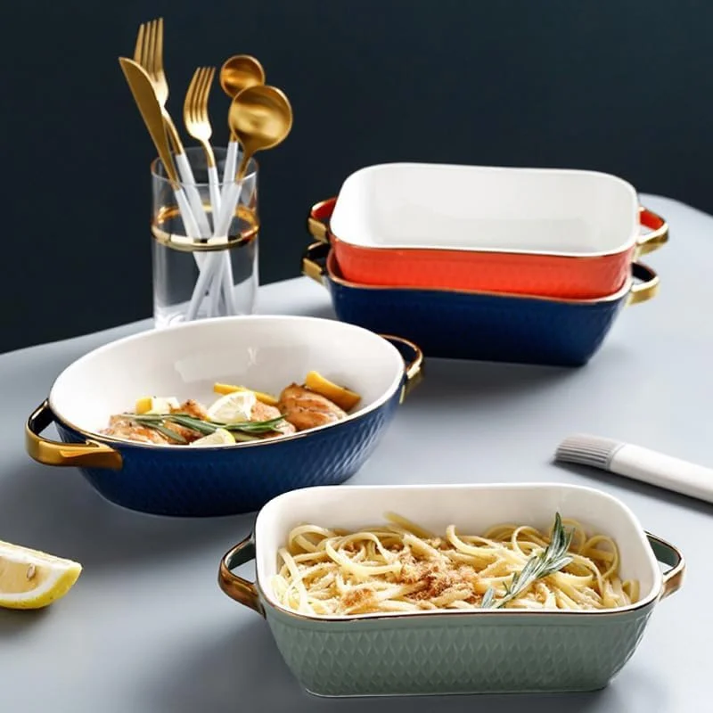 ظرف پخت مستطیلی آشپزخانه با لبه های طلایی، ظرف پخت برای مایکروویو خانگی، ظرف پنیر پزی