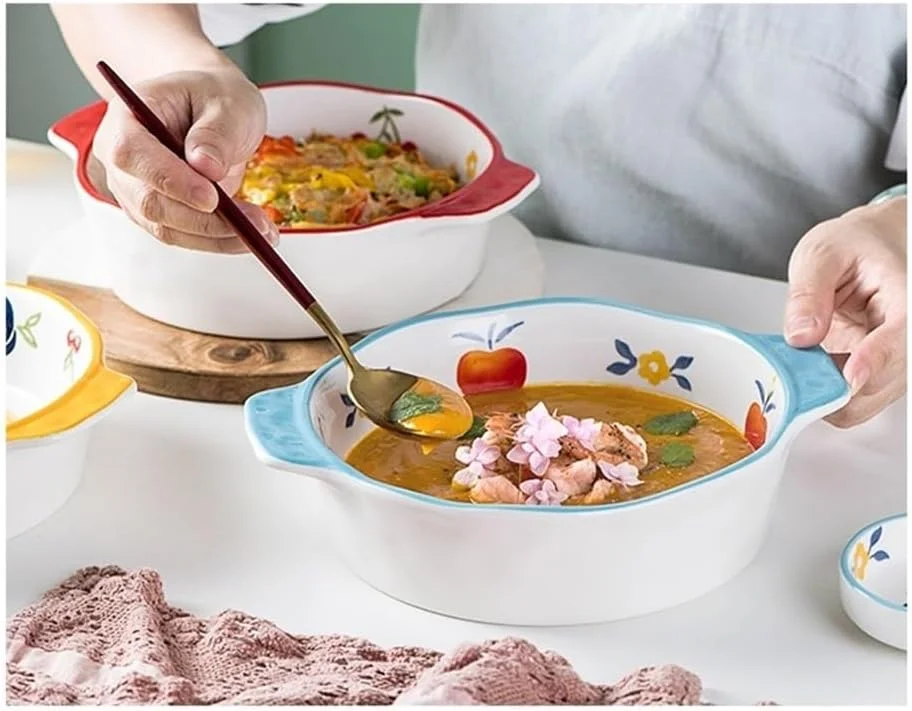 ظرف پخت سرامیکی فر دایره ای با دسته دوتایی، ظرف پخت برنج پنیری و سالاد، ظرف گود پخت و پز (آبی) ظرف پخت سرامیکی فر دایره ای با دسته دوتایی، ظرف پخت برنج پنیری و سالاد، ظرف گود پخت و پز (آبی)