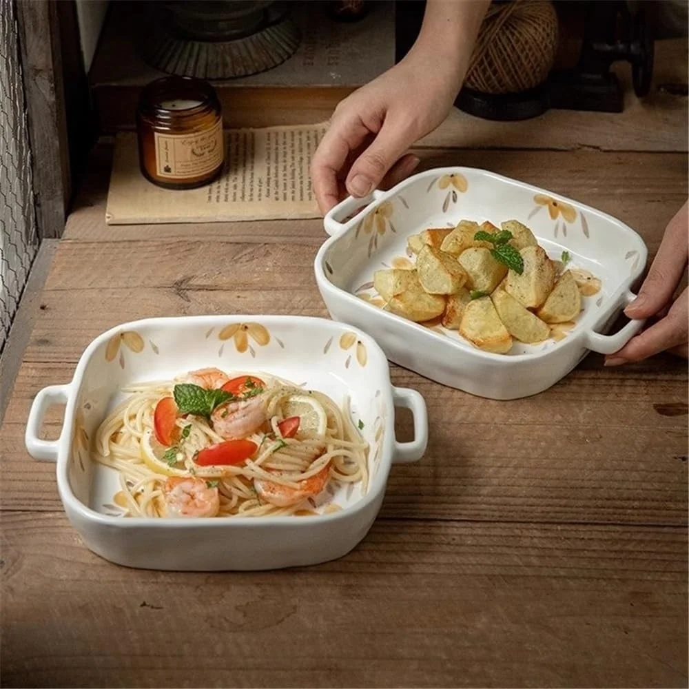 ظرف پخت مربع خلاقانه با دو دسته، سینی پخت سرامیکی مقاوم در برابر حرارت، 710 میلی لیتر ظرف پخت مربع خلاقانه با دو دسته، سینی پخت سرامیکی مقاوم در برابر حرارت، 710 میلی لیتر