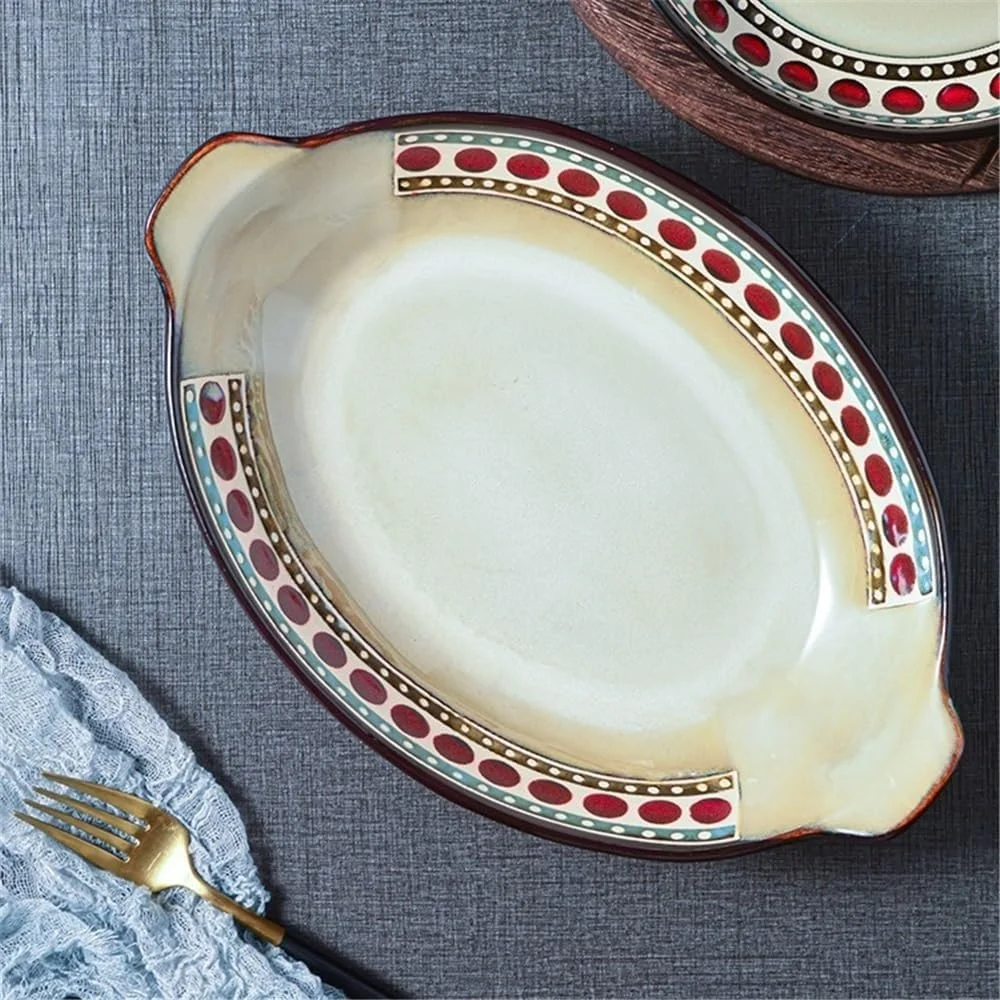 ظرف پخت و پز بزرگ بیضی شکل سرامیکی عمیق نوردیک با سینی پخت دو گوش برای پخت و پز خانگی ظرف پخت و پز بزرگ بیضی شکل سرامیکی عمیق نوردیک با سینی پخت دو گوش برای پخت و پز خانگی