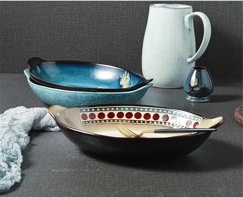 ظرف پخت و پز بزرگ بیضی شکل سرامیکی عمیق نوردیک با سینی پخت دو گوش برای پخت و پز خانگی ظرف پخت و پز بزرگ بیضی شکل سرامیکی عمیق نوردیک با سینی پخت دو گوش برای پخت و پز خانگی