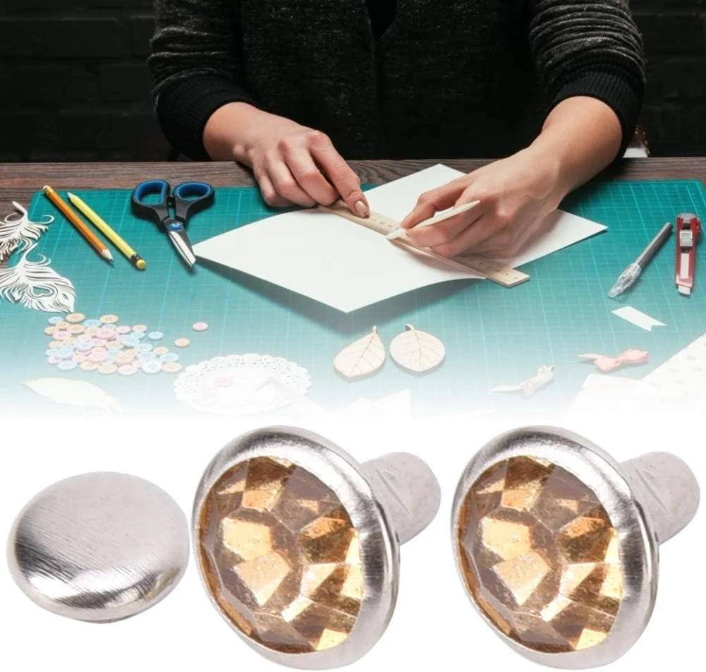Fyearfly 50 ست پرچ کریستالی 8 میلی‌متری با لبه نقره‌ای برای تزئین لباس و صنایع دستی چرمی - زرد