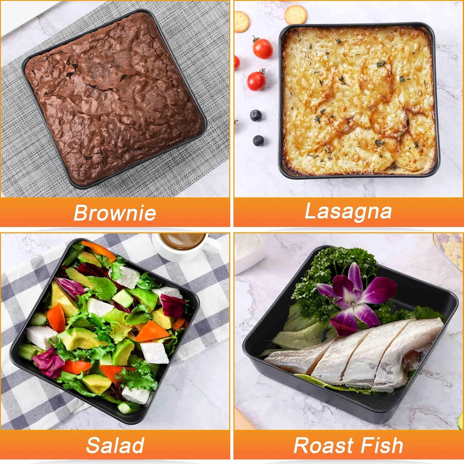 ست قالب کیک مربع استیل ضد زنگ Herogo، 2 عددی، قالب مشکی برای لازانیا، براونی، سوفله و کیک، نچسب و قابل شستشو در ماشین ظرفشویی ست قالب کیک مربع استیل ضد زنگ Herogo، 2 عددی، قالب مشکی برای لازانیا، براونی، سوفله و کیک، نچسب و قابل شستشو در ماشین ظرفشویی