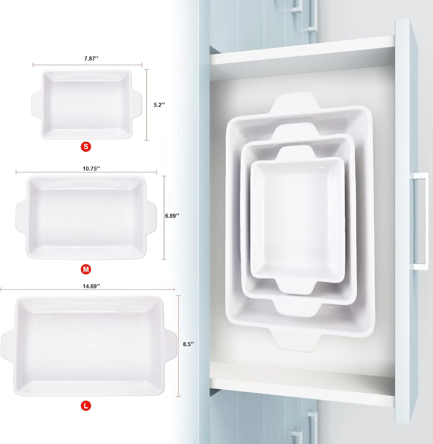 ست ظروف پخت و پز ۳ تکه Garvee، ظروف سرامیکی، ظرف مستطیلی فر با دستگیره، قالب های عمیق لازانیا برای پخت، آشپزی، کیک، شام، هدیه عروسی، قرمز (11.7 اینچ/8.75 اینچ/6.5 اینچ)