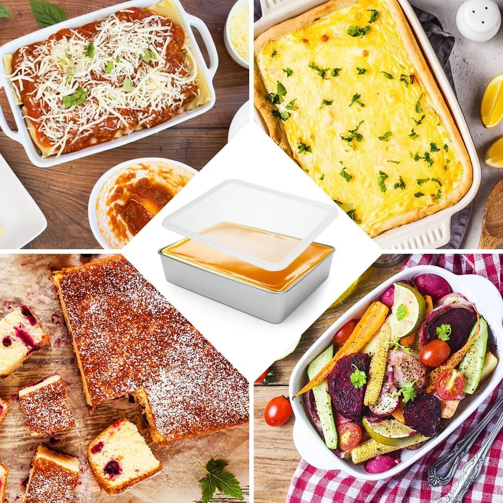 قالب کیک Gohytal، قالب پخت استیل ضد زنگ با درب محکم، 2 عدد کاردک کیک، سینی پخت مستطیلی برای پخت، برشته کردن، نگهداری، سینی پخت قابل شستشو در ماشین ظرفشویی برای سوفله و کیک قالب کیک Gohytal، قالب پخت استیل ضد زنگ با درب محکم، 2 عدد کاردک کیک، سینی پخت مستطیلی برای پخت، برشته کردن، نگهداری، سینی پخت قابل شستشو در ماشین ظرفشویی برای سوفله و کیک