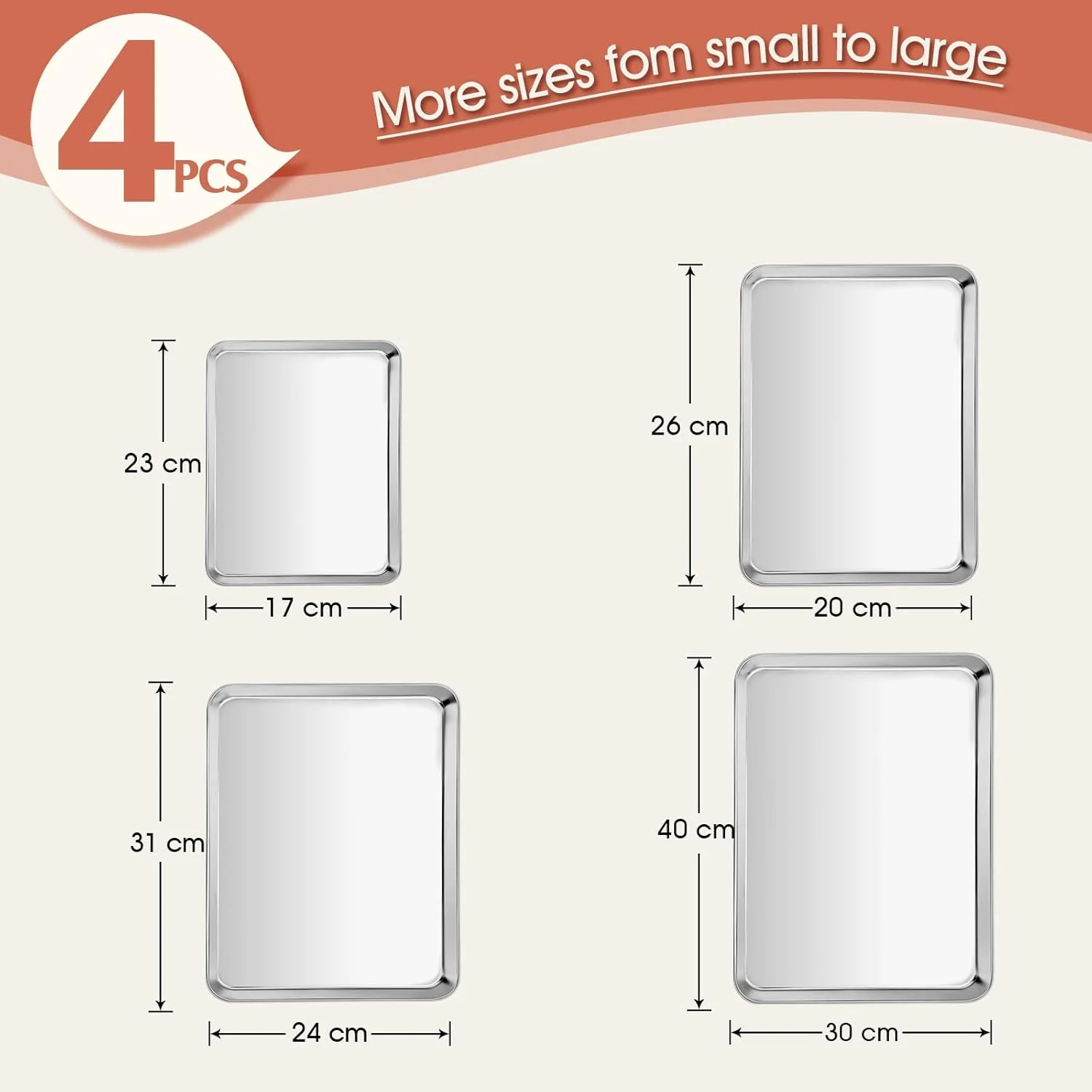 ست 4 تایی سینی فر E-far (40/31/26/23 سانتی متر)، ست سینی استیل ضد زنگ برای فر، سینی پخت مستطیلی با عمق 2.5 سانتی متر برای پخت و پز، غیر سمی و تمیز کردن آسان، قابل شستشو در ماشین ظرفشویی ست 4 تایی سینی فر E-far (40/31/26/23 سانتی متر)، ست سینی استیل ضد زنگ برای فر، سینی پخت مستطیلی با عمق 2.5 سانتی متر برای پخت و پز، غیر سمی و تمیز کردن آسان، قابل شستشو در ماشین ظرفشویی