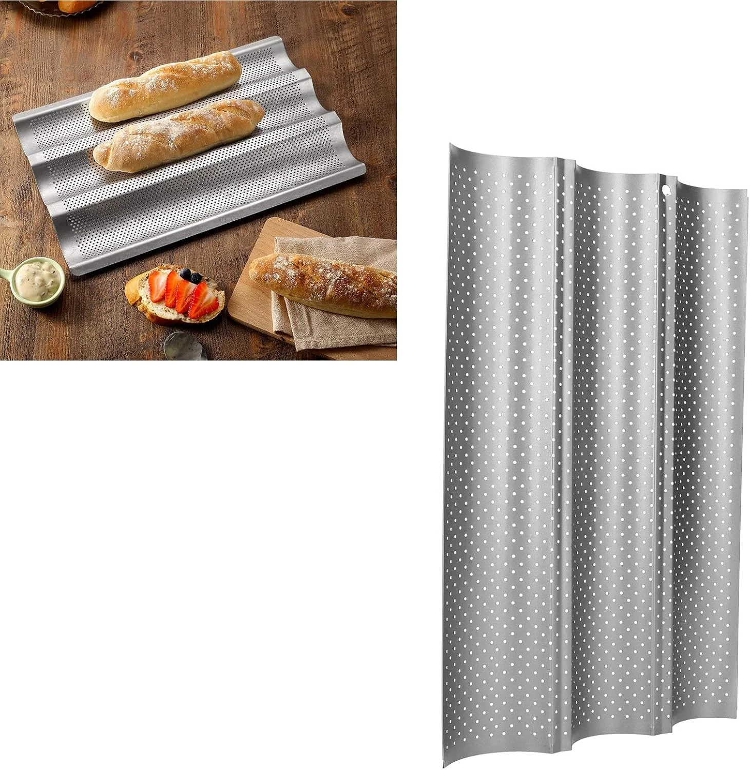 سینی فر OVAQUIXI، سینی پخت نان فرانسوی، موج های چند شیار نچسب، فولاد ضد زنگ، عمر طولانی تر برای باگت، ایده آل برای پخت و پز (سه شیار)