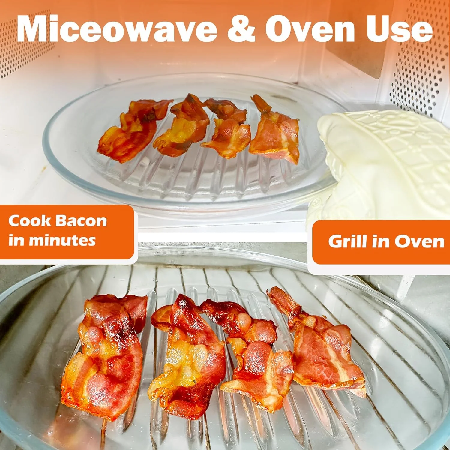 دستگاه پخت بیکن در مایکروویو، سینی گریل بیکن شیشه ای گرد برای مایکروویو