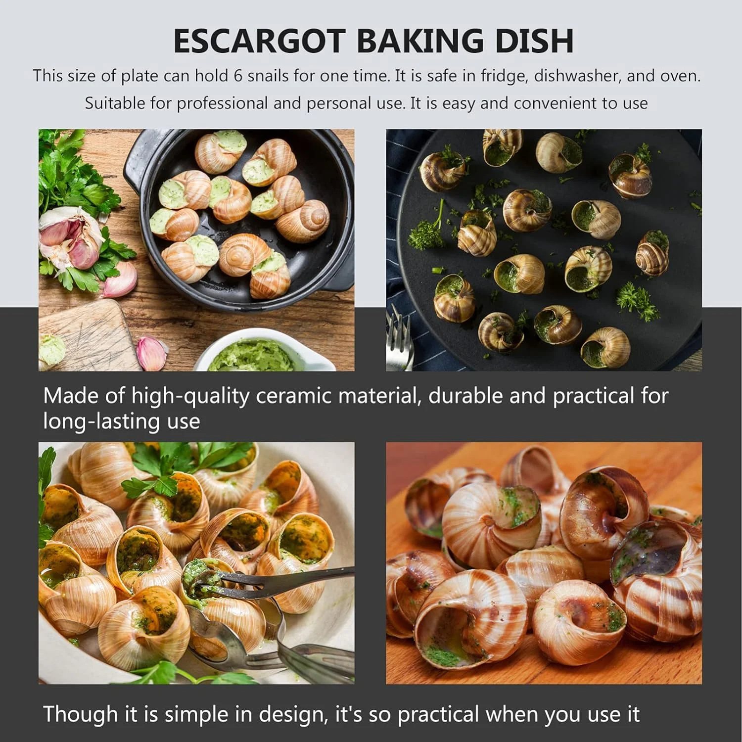 Ceramic Escargot Plates with Handle Red Snail Dish Divided Section Seafood Conch Mushroom Baking Dish 10 Inch for Home Kitchen Grilling Tableware