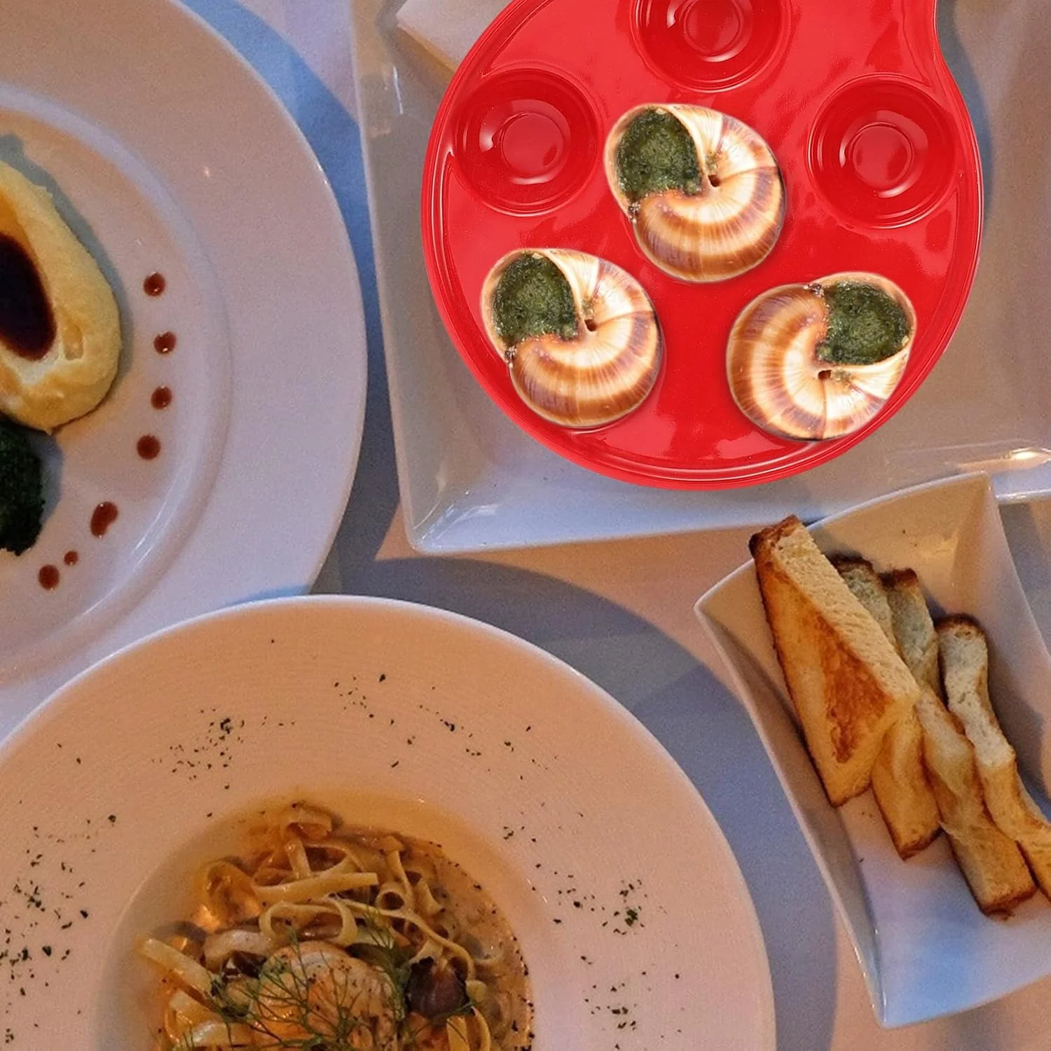 Ceramic Escargot Plates with Handle Red Snail Dish Divided Section Seafood Conch Mushroom Baking Dish 10 Inch for Home Kitchen Grilling Tableware