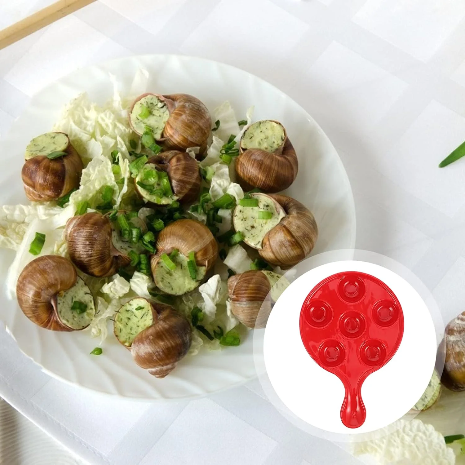 Ceramic Escargot Plates with Handle Red Snail Dish Divided Section Seafood Conch Mushroom Baking Dish 10 Inch for Home Kitchen Grilling Tableware