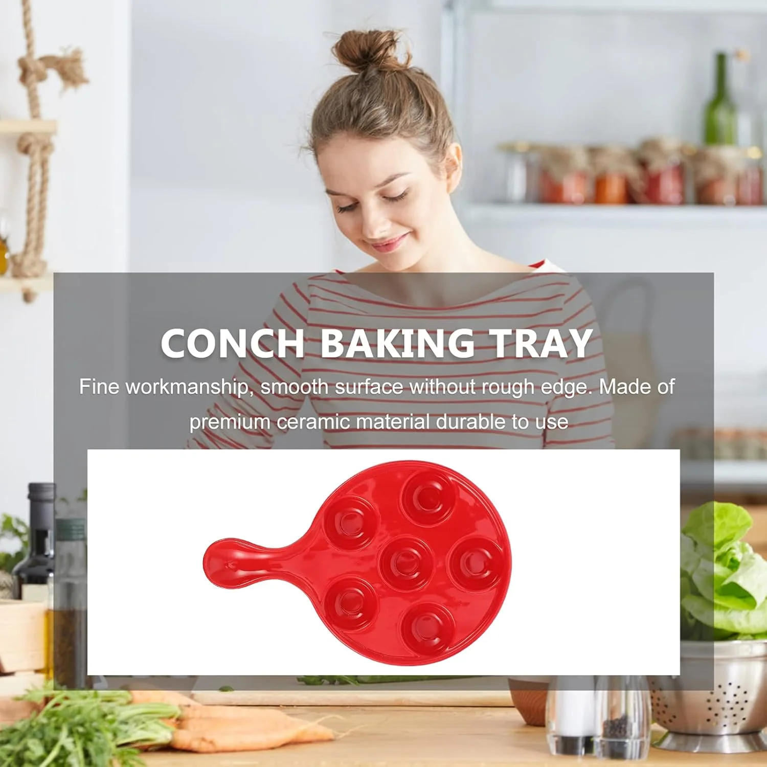 Ceramic Escargot Plates with Handle Red Snail Dish Divided Section Seafood Conch Mushroom Baking Dish 10 Inch for Home Kitchen Grilling Tableware