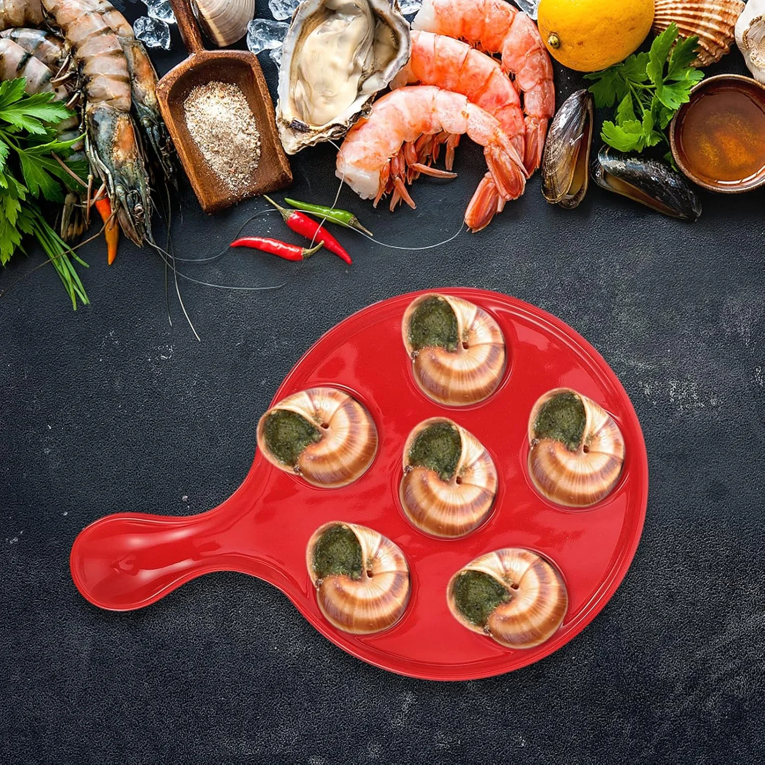 Ceramic Escargot Plates with Handle Red Snail Dish Divided Section Seafood Conch Mushroom Baking Dish 10 Inch for Home Kitchen Grilling Tableware