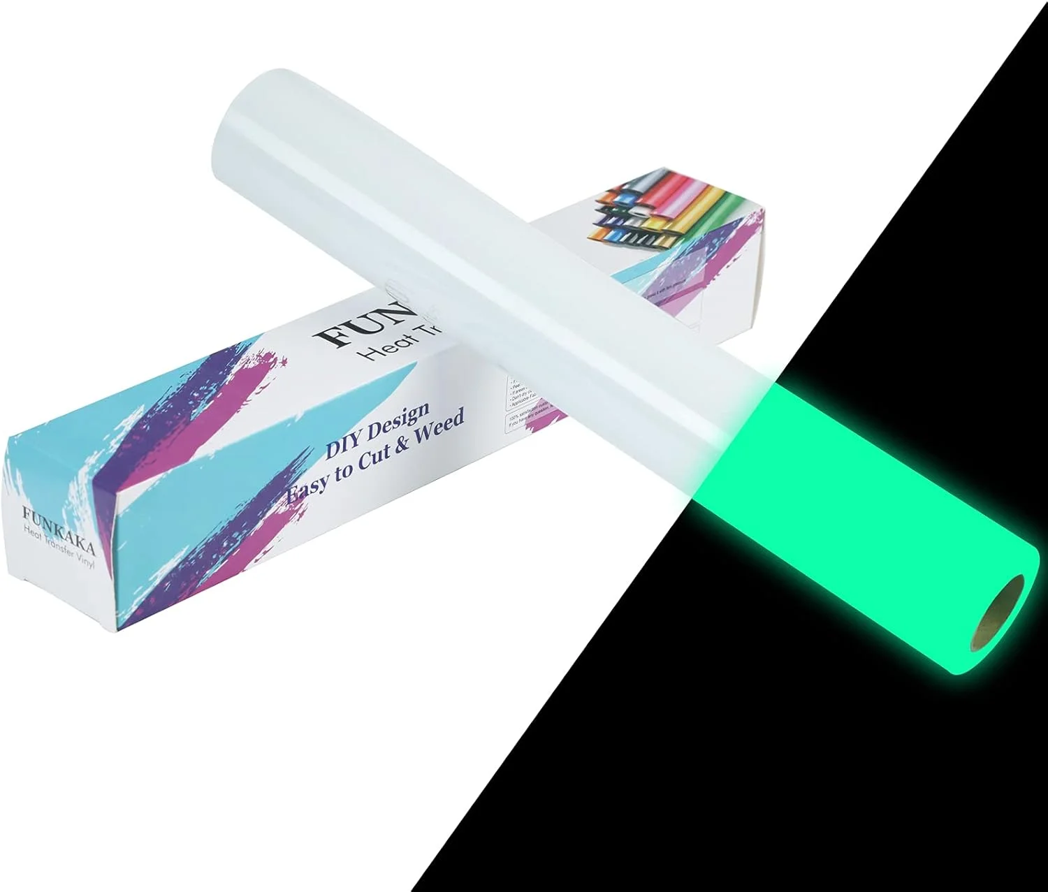 رول وینیل انتقال حرارت شب‌تاب FUNKAKA، 30 سانتی‌متر × 3 متر، وینیل حرارتی سبز درخشان برای انواع دستگاه‌های برش، وینیل HTV شب‌تاب برای تی‌شرت‌ها، برش و جدا کردن آسان برای طراحی DIY وینیل حرارتی