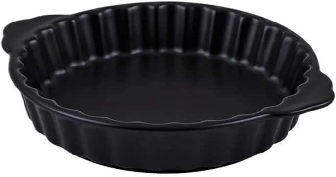 ظرف پخت سرامیکی 360 میلی لیتر، بشقاب پخت سرامیکی دایره ای خلاقانه با دو دسته برای پخت و برشته کردن، بشقاب استیک، ظرف سوفله دو دسته ای، چینی (مشکی)