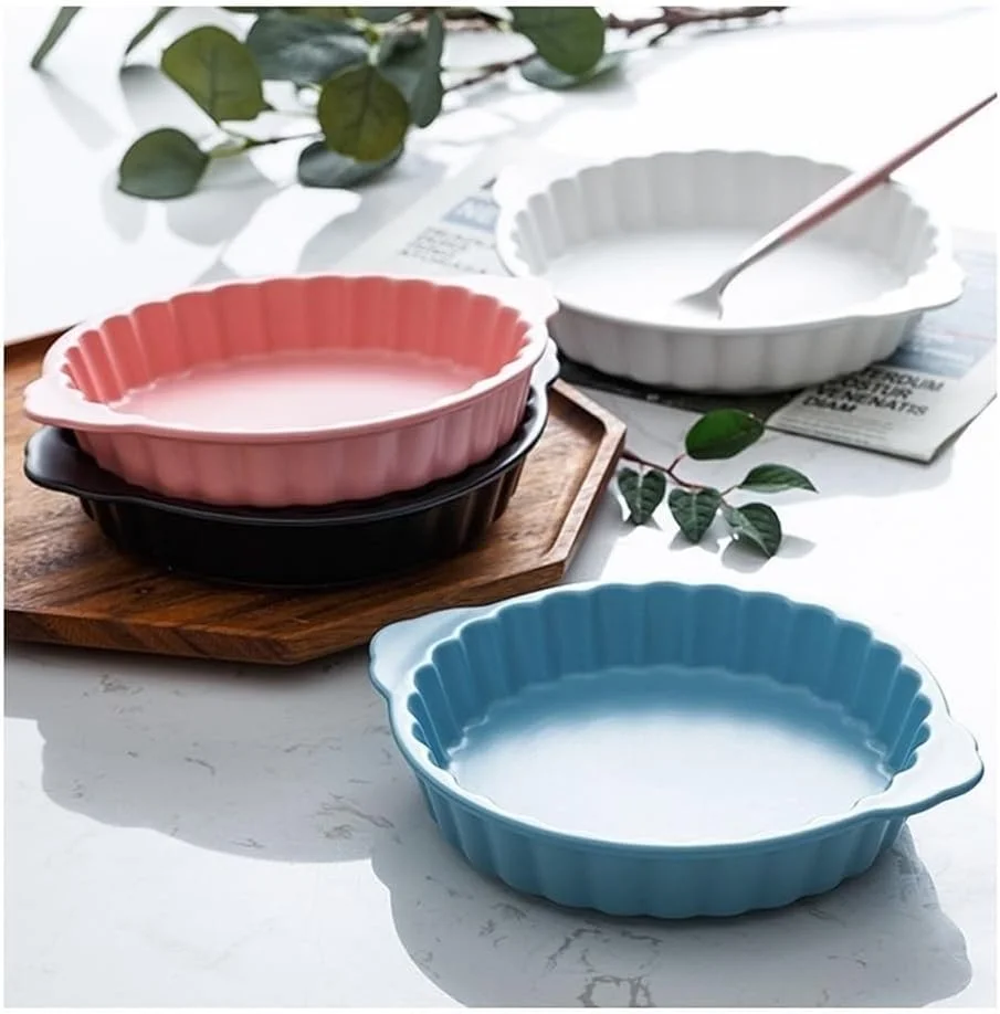 ظرف پخت سرامیکی 360 میلی لیتر، بشقاب پخت سرامیکی دایره ای خلاقانه با دو دسته برای پخت و برشته کردن، بشقاب استیک، ظرف سوفله دو دسته ای، چینی (مشکی)