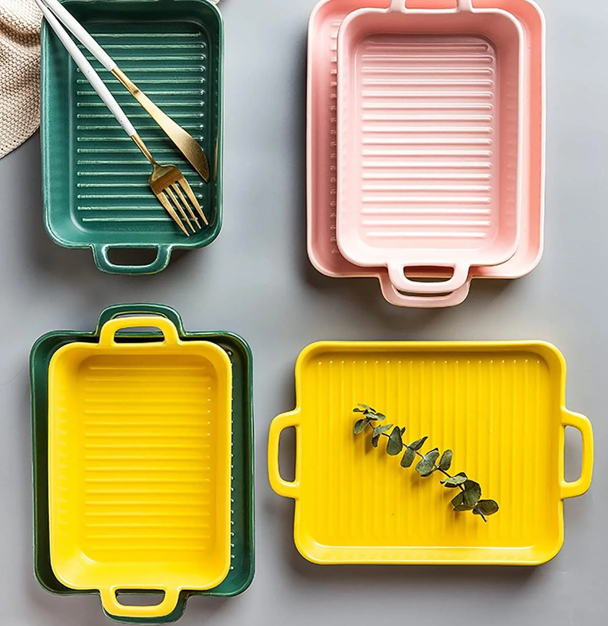 ظروف پخت سرامیکی، سری ظروف پخت مستطیلی، ست 2 عددی ظرف فر با دسته سرامیکی