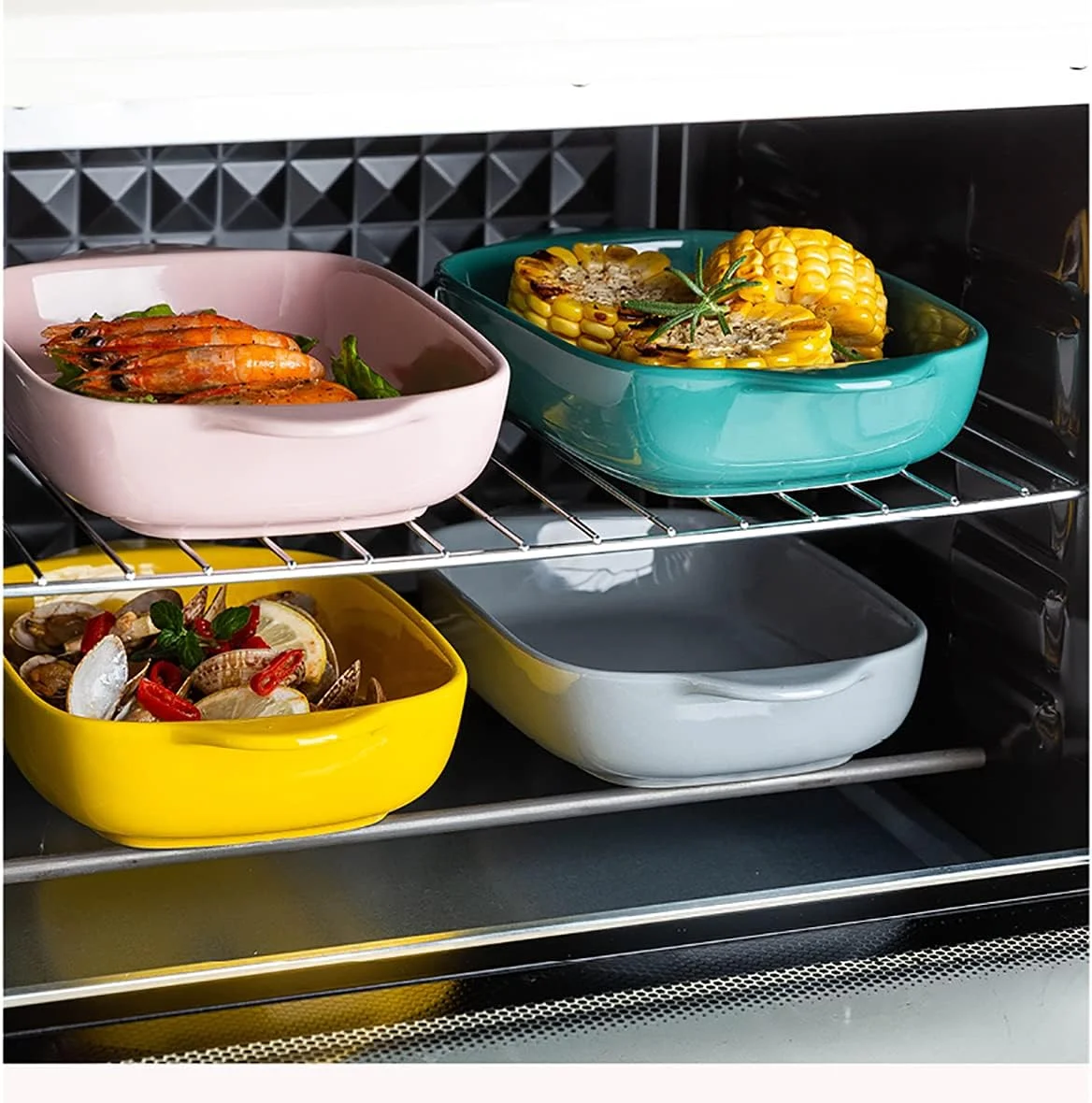 ظروف پخت سرامیکی، ظروف سرامیکی برای پخت، 2 عدد ظرف مستطیلی کوچک سرامیکی با دسته برای فر، تابه سرامیکی (آبی)