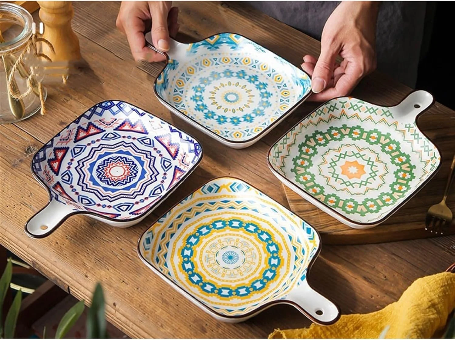 ظرف پخت سرامیکی، ظرف خانگی، بشقاب استیک سرامیکی، بشقاب غذای غربی، قالب پخت دسته دار مقاوم در برابر حرارت، ظروف آشپزخانه، ظرف پخت و پز چینی (سبز)