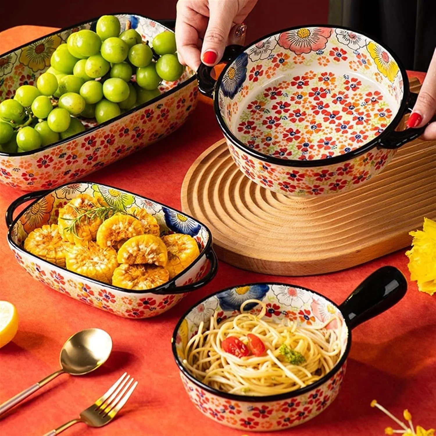 ظرف سرامیکی پخت و پز با ظرفیت بزرگ، ظروف سرامیکی خانگی، کاسه نودل، کاسه سوپ، کاسه سالاد، ظرف پخت مقاوم در برابر حرارت با دو گوش رترو، ظرف پخت چینی (16.3 سانتی متر)