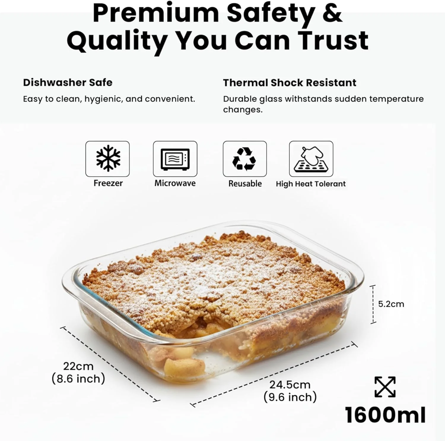 ظرف پخت شیشه ای 1600 میلی لیتر (سایز متوسط) مربع، تابه پخت، ظرف پخت شیشه ای، تابه های پخت برای لازانیا، باقیمانده غذا، پخت و پز، آشپزخانه، قابل استفاده در فریزر و ماشین ظرفشویی