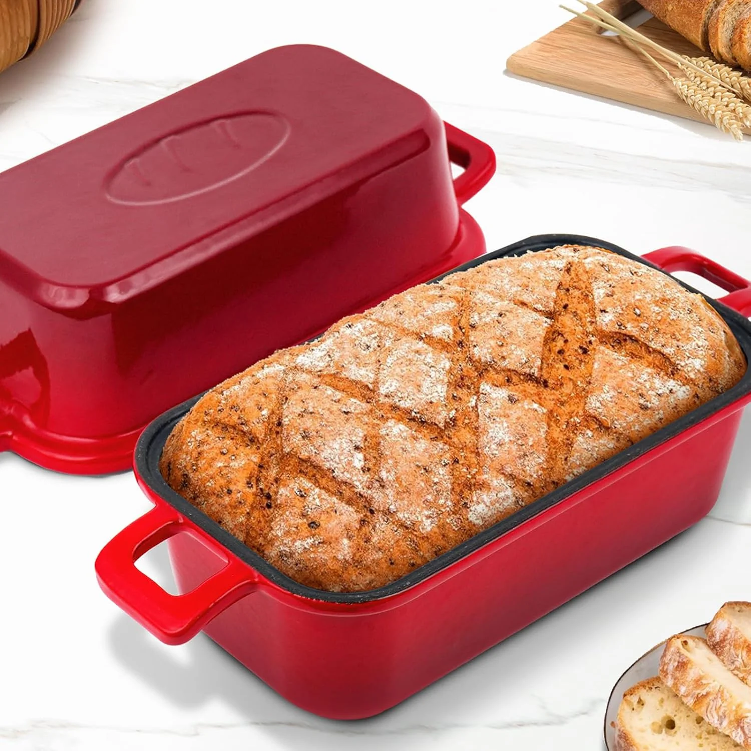 ظرف نان چدنی با درب، قالب پخت نان برای نان خمیر ترش، دارای دو دسته ظرف نان چدنی با درب، قالب پخت نان برای نان خمیر ترش، دارای دو دسته