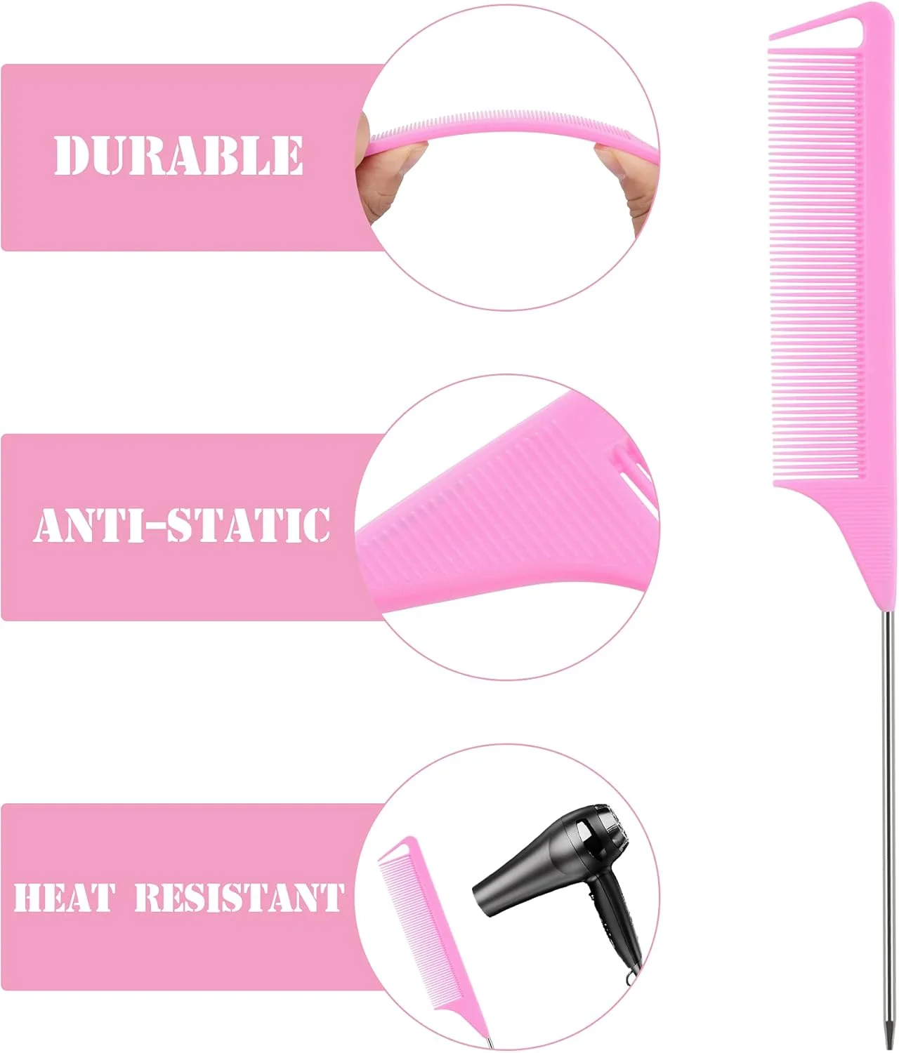 شانه مو دم موشی JANYUN، 3 عدد، ضد الکتریسیته ساکن، صورتی، مناسب برای آرایش موی زنانه، مقاوم در برابر حرارت، حرفه ای برای آرایشگاه و سالن