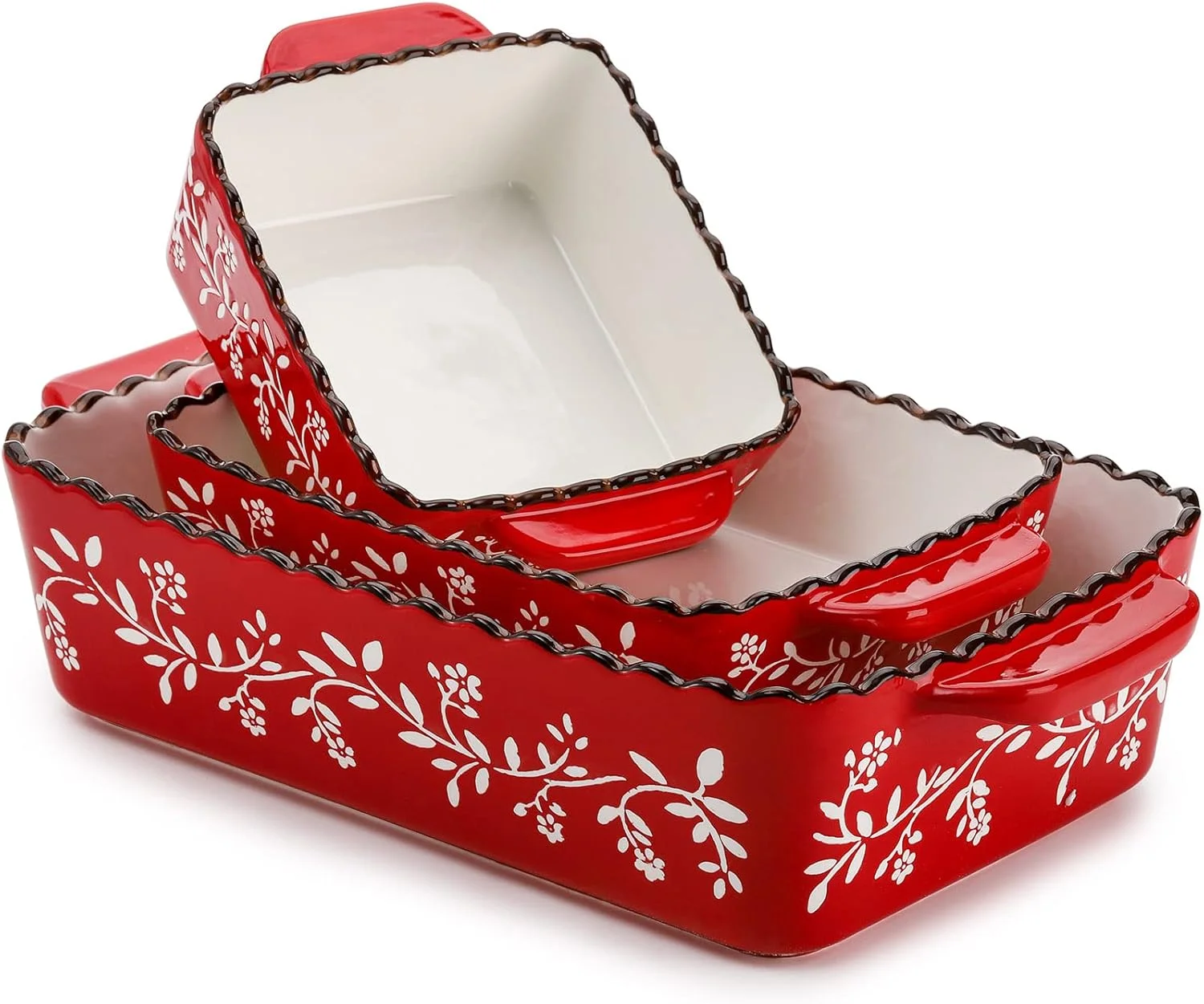 ست 3 تایی ظروف پخت سرامیکی AVLA، ظروف مستطیلی پخت لازانیا از جنس چینی برای پخت و پز، آشپزخانه، ظروف خوراک پزی، شام کیک، 30.5 x 21.6 x 15.2 سانتی متر، مناسب برای مهمانی و استفاده روزانه، قرمز