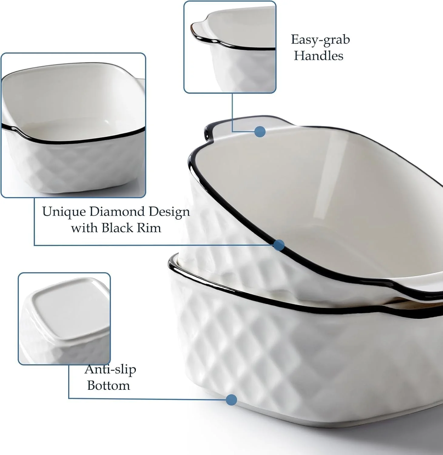 ست 4 تایی ظروف پخت سرامیکی Angju، ظروف پخت مربعی - طرح الماس، ظرف پخت کوچک 400 میلی لیتری برای سرخ کن هوا، ظروف پخت سرامیکی با دستگیره، قابل استفاده در فر و مایکروویو