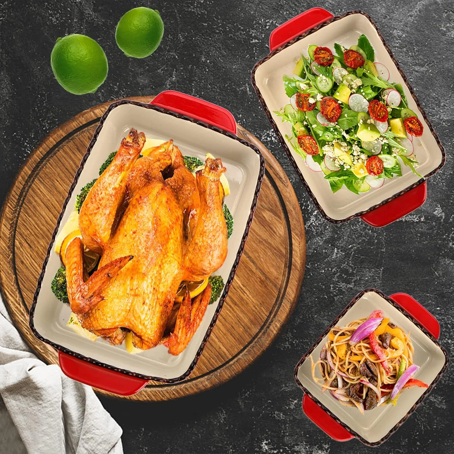 ست 3 تایی ظروف پخت سرامیکی AVLA، ظروف مستطیلی پخت لازانیا از جنس چینی برای پخت و پز، آشپزخانه، ظروف خوراک پزی، شام کیک، 30.5 x 21.6 x 15.2 سانتی متر، مناسب برای مهمانی و استفاده روزانه، قرمز