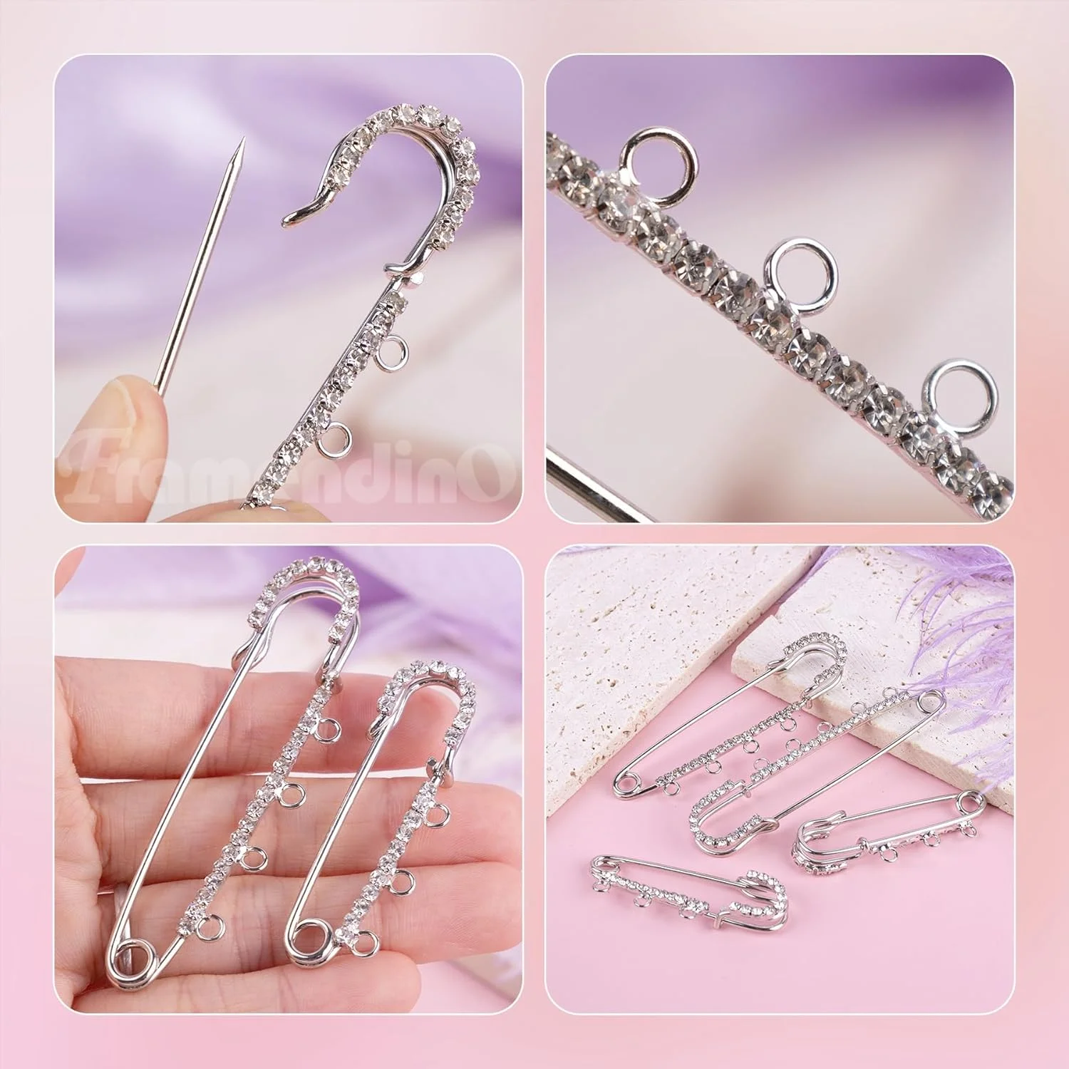 فرامندینو، بسته 8 عددی سنجاق قفلی نگین دار با حلقه برای ساخت جواهرات و صنایع دستی DIY، نقره ای، 4 سایز فرامندینو، بسته 8 عددی سنجاق قفلی نگین دار با حلقه برای ساخت جواهرات و صنایع دستی DIY، نقره ای، 4 سایز