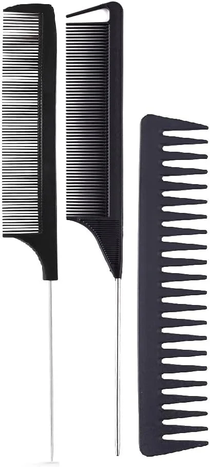 ای-دنیا شانه دم موشی فیبر کربنی 3 تکه، شانه دندانه پهن، شانه پوش دهنده، شانه دم فلزی استیل، شانه جدا کننده، شانه دسته دار حمام، شانه باز کننده گره، شانه پارویی مو برای زنان و مردان، موی مشکی طبیعی