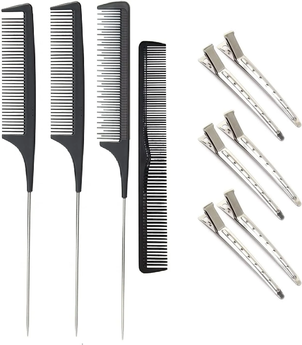 ای-دنیا، ست 3 عددی شانه های دم موشی کربنی ظریف برای تقسیم مو، گیره موی حرفه ای سالنی برای زنان و دختران به همراه 6 عدد گیره موی استیل و یک برس ساده رایگان