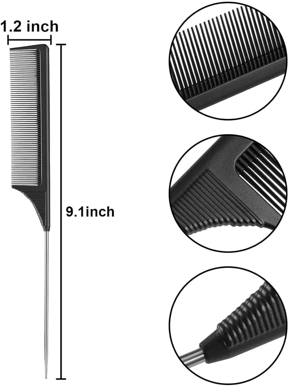 شانه دم موشی مشکی با پین فلزی، دم موشی فیبر کربنی مقاوم در برابر حرارت، شانه پوش دهنده با دم باریک استیل، ابزار کاربردی آرایشگری