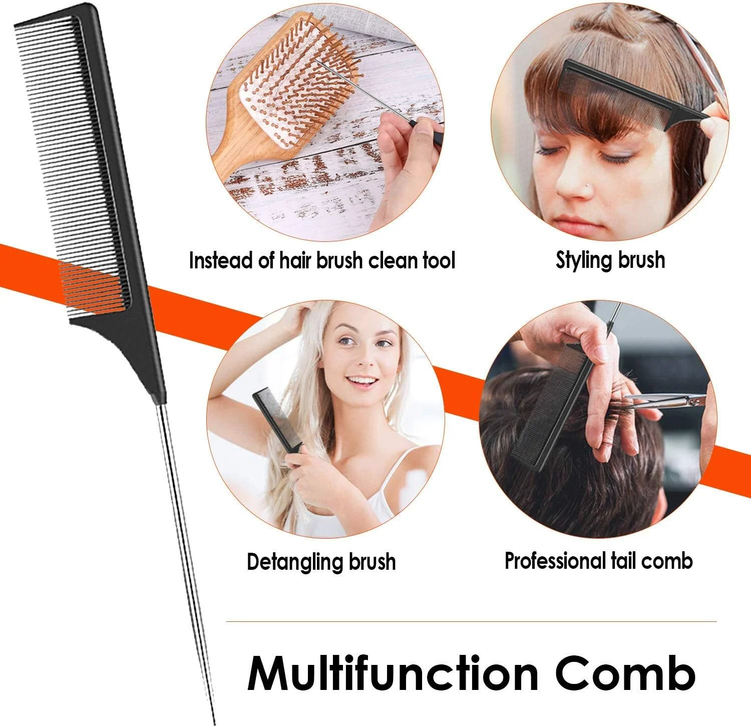 ای-دنیا شانه دم موشی فیبر کربنی 3 تکه، شانه دندانه پهن، شانه پوش دهنده، شانه دم فلزی استیل، شانه جدا کننده، شانه دسته دار حمام، شانه باز کننده گره، شانه پارویی مو برای زنان و مردان، موی مشکی طبیعی