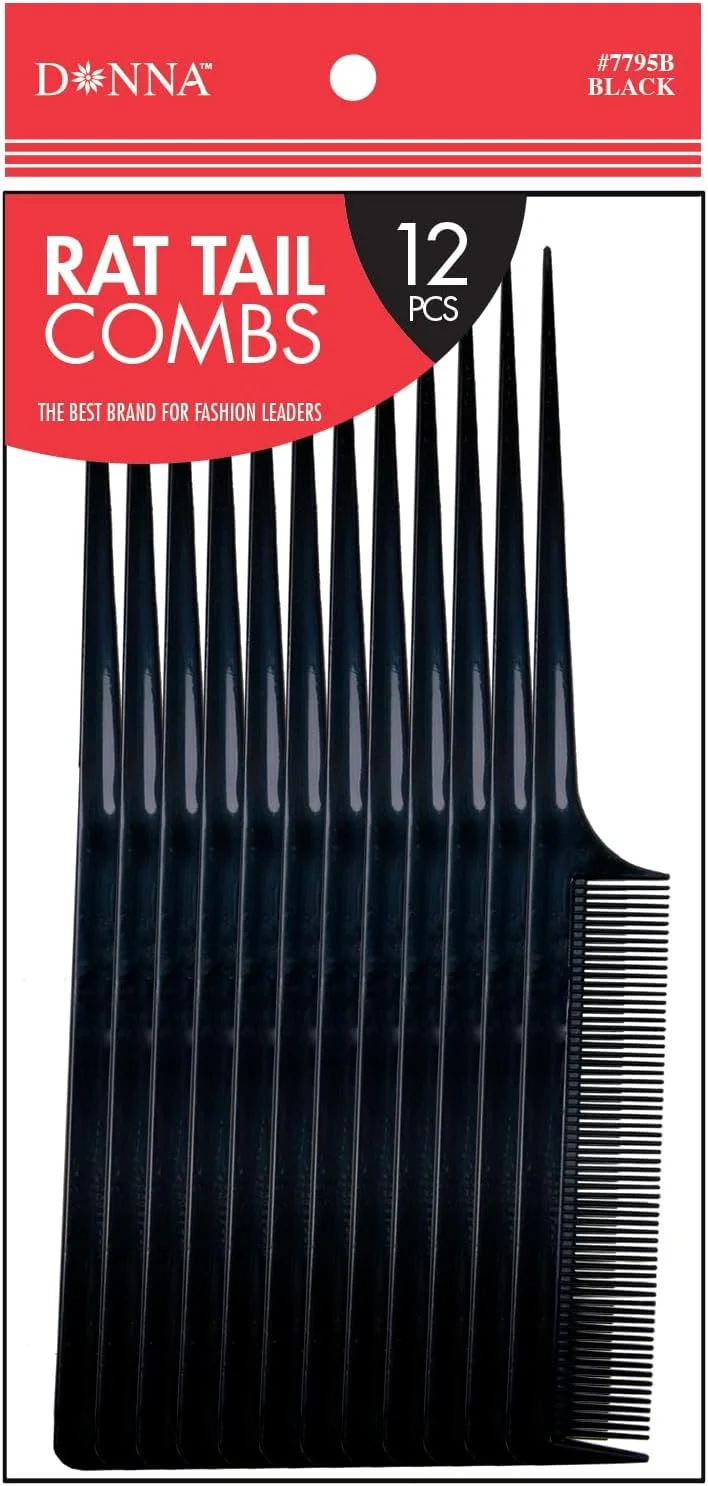 شانه های دم موشی ممتاز DONNA بسته عمده ۱۲ عددی، مناسب برای انواع مو، شانه حالت دهنده مو برای زنان و سالن، رنگ مشکی