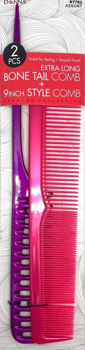 شانه های مدل استخوانی فوق العاده بلند DONNA PREMIUM PEARL COMBO، 9 اینچی، مناسب برای انواع مو، شانه حالت دهنده مو برای زنان، مردان و سالن، رنگ آبی صورتی